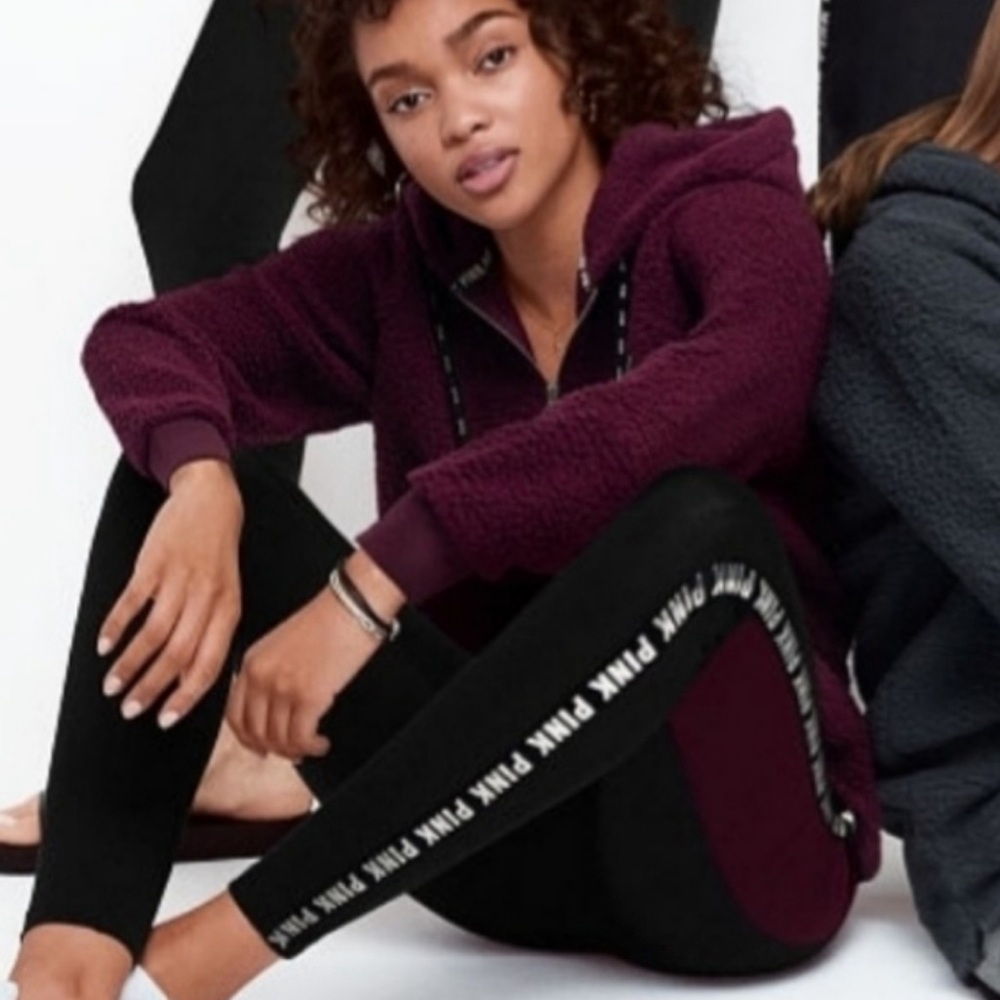 Victoria’s Secret Pink Cozy Fleece Lined Leggings Pockets Burgundy Black Sliver